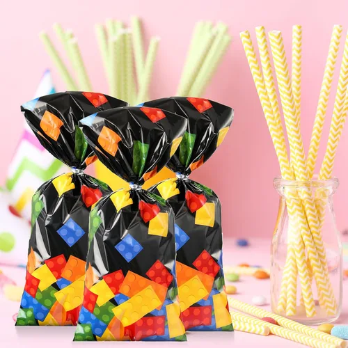 Vista 5 de 100 bolsas de celofán con bloques de construcción, suministros para fiesta de cumpleaños, bolsas de dulces con 100 lazos plateados para recuerdos