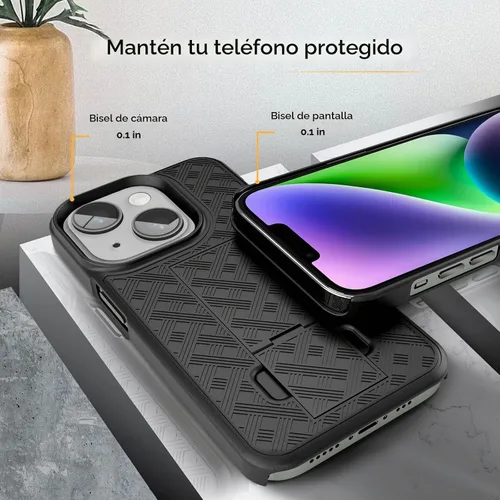 Vista 4 de MOTIVE - Funda para iPhone 14 con clip para cinturón, rígida, función atril, 6.1 pulgadas