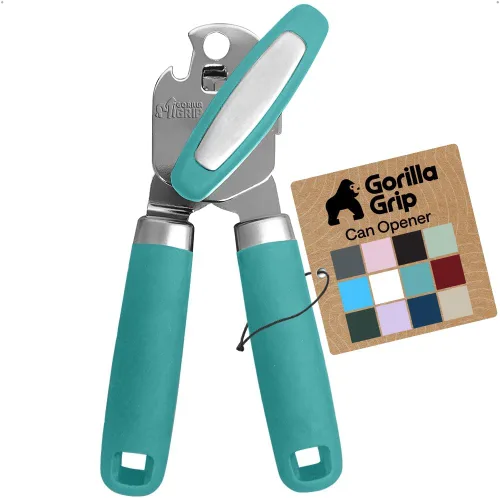 Vista 21 de GORILLA GRIP - Abridor de latas manual de acero inoxidable resistente con borde liso y abridor de botellas, mango suave y cómodo, perilla giratoria