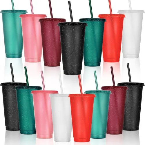 Vista 15 de Honeydak Paquete de 60 vasos con popote y tapa, vasos a granel para regalos, tazas de café de plástico con purpurina de 24 a 27 onzas, botella