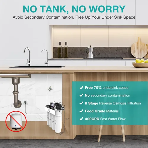 Vista 4 de SimPure Sistema de ósmosis inversa sin tanque T1-400UV con UV, certificado NSF/ANSI 58, sistema de filtro de agua RO para debajo del fregadero 400
