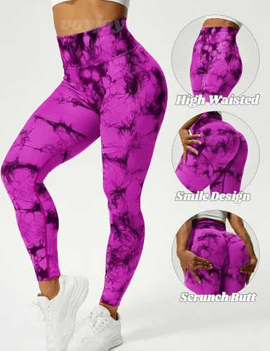 Vista 2 de VOYJOY - Leggings sin costuras de teñido anudado para mujer, pantalones de yoga de cintura alta, mallas elásticas con levantamiento de glúteos