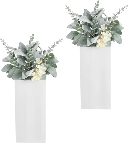 Vista 9 de Macetas de pared de madera, paquete de 2 con plantas de vegetación artificial - jarrones de pared de bolsillo para flores secas - decoración