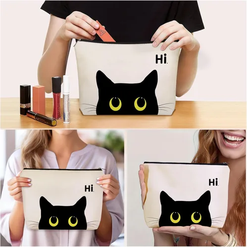 Vista 3 de Bolsa de maquillaje de gato negro para regalo de mamá y gato: bonita bolsa de cosméticos y artículos de tocador para niñas y mujeres, hermanas