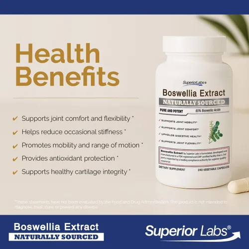 Vista 3 de Extracto de Boswellia no sintético. De Superior Labs. Por 0.018 oz y 240 cápsulas vegetales.