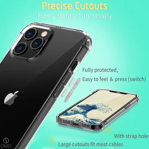 Vista 6 de ONES Funda delgada transparente para iPhone 12 Pro Max - Protector de silicona TPU suave con protección militar contra caídas, bolsas de aire a