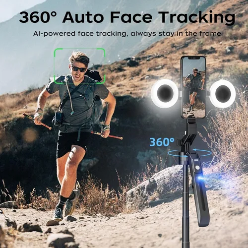 Vista 2 de Trípode para selfie de seguimiento automático de 70.9 pulgadas para iPhone y Android con luces, sin aplicación, trípode de rotación de 360° que