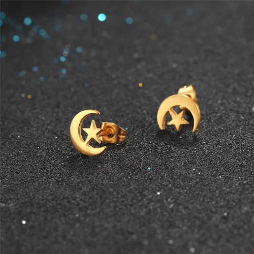 Vista 3 de Pendientes de tuerca con estrella de luna crecienteAnkh, aretes de acero inoxidable chapados en oro de 18 quilates, joyería para mujer