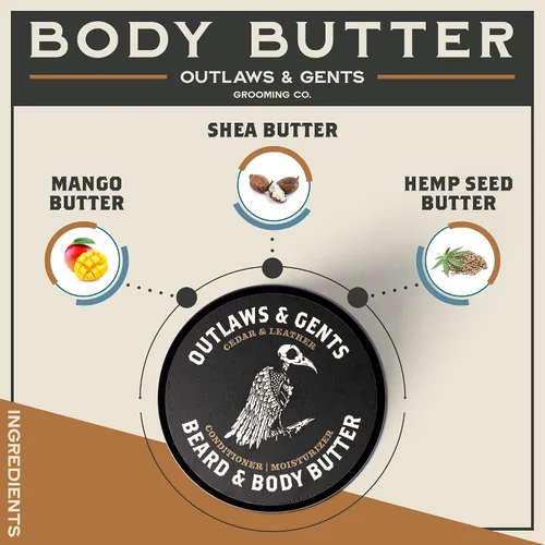 Vista 3 de Outlaws and Gents Grooming Co. Mantequilla para barba y cuerpo – Humectante natural con aroma a vainilla de tabaco para hombres – Hidrata