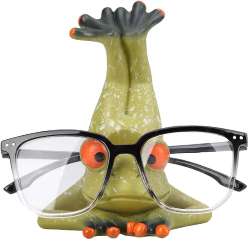 Vista 11 de Lindo soporte para lentes de estatua de rana pensante, divertida estatua de rana de resina, escultura única de gafas de sol para mesita de noche