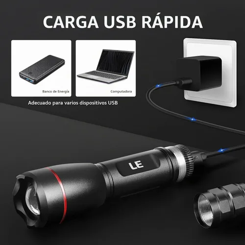 Vista 2 de Linterna LED recargable Lepro, LP3000 de alto lúmenes, con zoom, linterna brillante, impermeable, 5 modos de iluminación, linterna de mano pequeña