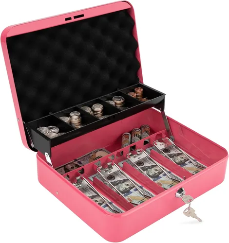 Vista 12 de Caja de efectivo con bandeja de dinero y cerradura, caja de dinero segura para efectivo, caja de bloqueo de metal con combinación, organizador