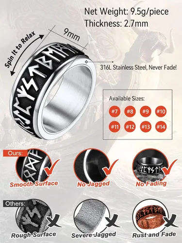 Vista 6 de FaithHeart Anillo giratorio nórdico vikingo con runas de acero inoxidable chapado en oro para hombres y mujeres, puede grabar personalizado