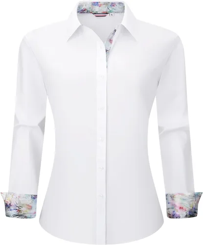 Vista 23 de WARHORSEE Blusas de vestir de manga larga con botones de algodón para mujer, blusas de trabajo elegantes de fácil cuidado, blusas casuales