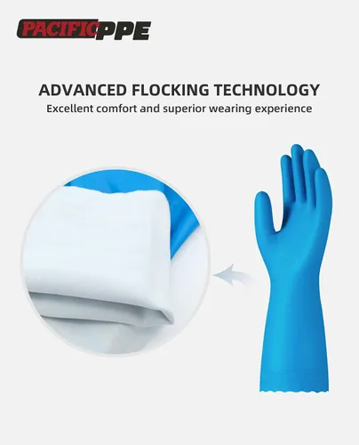 Vista 2 de PACIFIC PPE 4 pares de guantes de limpieza reutilizables para lavavajillas, hogar, cocina, forro de algodón, azul, talla S