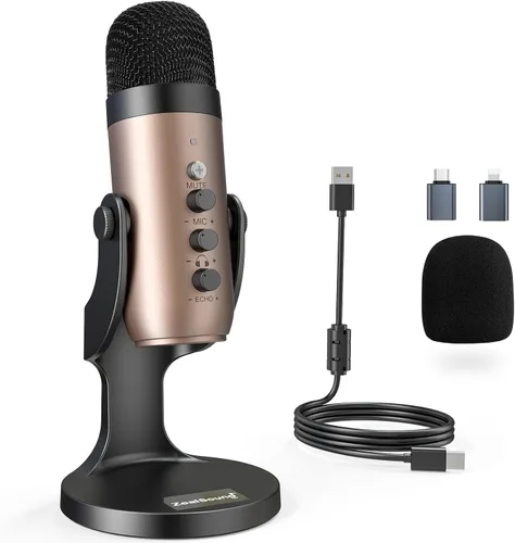 Vista 14 de ZealSound Micrófono de podcast para PC, micrófono USB con cancelación de ruido con ganancia, ajuste de volumen y botón de silencio, monitoreo y eco