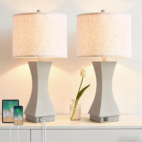 Vista 8 de Juego de 2 lámparas de mesa modernas de 62,2 cm, lámparas de mesita de noche regulables de 3 vías con carga USB C y A, lámparas de noche