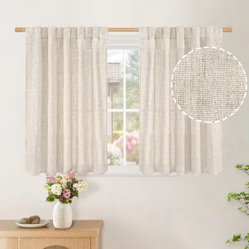 Vista 11 de BGment Cortinas cortas de lino marfil de 36 pulgadas de largo para ventanas de cocina, pequeñas cortinas texturizadas rústicas para café sobre