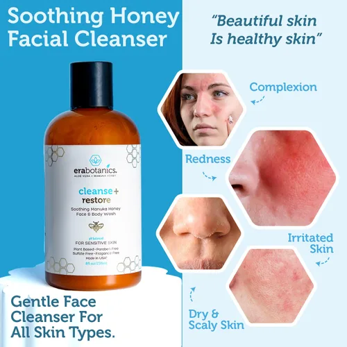 Vista 3 de Era Organics Natural Face Wash 4 onzas, Hidratante Facial Limpiador Suave con Aloe Vera y miel de Manuka para sanar y renovar tu piel. PH