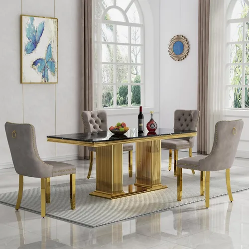 Vista 28 de Juego de mesa de comedor de 5 piezas para 4, mesa de cocina de mármol negro de 68 pulgadas con 4 sillas beige, mesa de comedor rectangular moderna