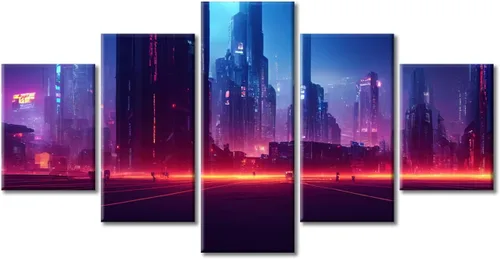 Vista 393 de Cuadros de 5 paneles de Cyberpunk City, arte de pared, representación de vallas publicitarias, edificios modernos en la capital con obras de arte