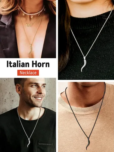 Vista 6 de FaithHeart Collar con colgante de cuerno italiano para mujeres y hombres, chapado en platanegrooro, acero inoxidable, collar de cornicello, cadenas