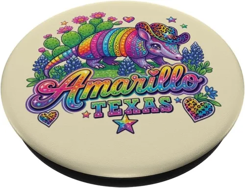 Vista 2 de Amarillo Texas Rainbow Armadillo Cowboy 80s Retro Souvenir PopSockets Adhesive PopGrip