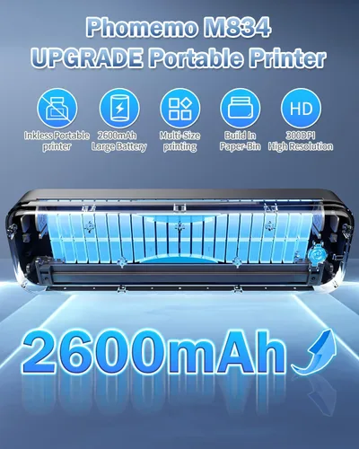 Vista 5 de Phomemo M834 Impresora Portátil Inalámbrica para Viajes Actualizada, Impresora Térmica Bluetooth 8.5" x 11" & A4, Compatible con iOS, Android y PC