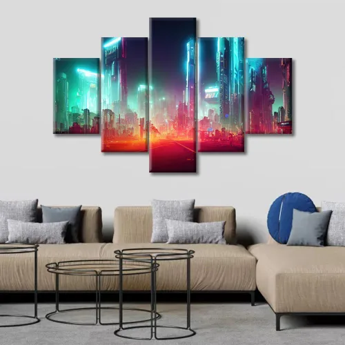 Vista 213 de Cuadros de 5 paneles de Cyberpunk City, arte de pared, representación de vallas publicitarias, edificios modernos en la capital con obras de arte