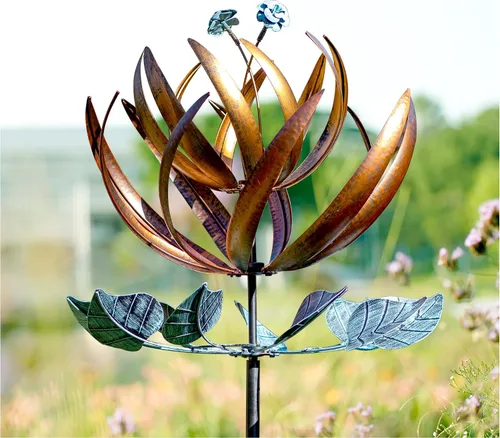 Vista 11 de LimeHill Molinillo de viento para patio y jardín, molinillos de viento de metal grandes para decoraciones al aire libre (loto azul (24 x 84 pulgadas)