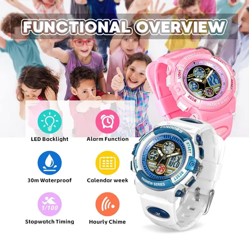 Vista 3 de PINDOWS Reloj para niños, reloj deportivo digital multifuncional para niños y niñas de 5 a 15 años, resistente al agua, deportes al aire libre