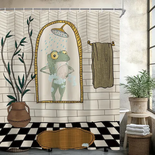 Vista 3 de Juego de cortina de ducha divertida con diseño de ranas para el baño 60x72 pulgadas, cortina de ducha retro linda con diseño de ranas, cortina