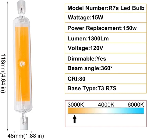 Vista 2 de Bombillas LED R7S de 15 W y 4.646 in (paquete de 2) 150 W equivalente a halógeno tipo J 120 V regulable T3 R7s base doble luz de inundación 3000 K