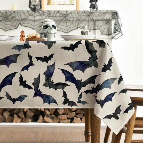 Vista 3 de Horaldaily Mantel rectangular de Halloween de 52 x 70 pulgadas, diseño de murciélagos, lavable, para decoración de fiestas, pícnic, cenas