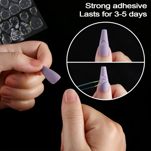 Vista 4 de Laza 240 pestañas adhesivas finas y transpirables con pegamento de uñas falsas, 10 hojas, puntas de doble cara súper adhesivas