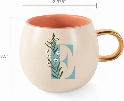 Vista 3 de Fringe Studio Taza Redonda de Gres, Monograma Floral Letra "E" 3.38" DIA. X 3.5"H, 14 fl.oz., con Asa Dorada Pintada a Mano (428047)