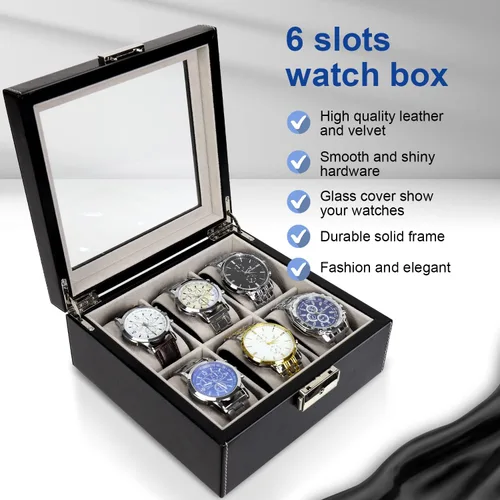 Vista 2 de BareTulip Caja organizadora de reloj para hombre, caja de reloj con 6 ranuras, caja de reloj de piel sintética con ventana de vidrio y cerradura