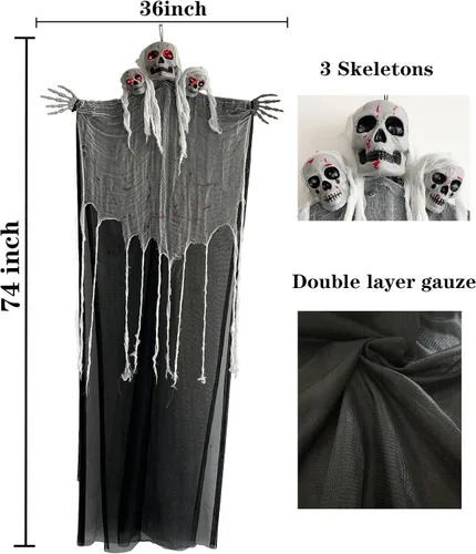 Vista 3 de Decoraciones colgantes de Halloween al aire libre – Fantasma esqueleto de 70 pulgadas con 3 cabezas de esqueleto iluminadas ojos rojos espeluznantes