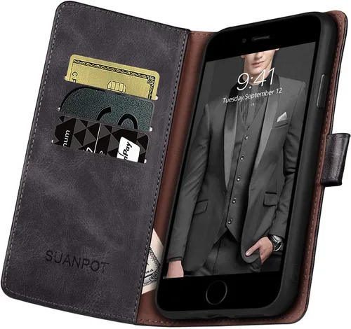 Vista 4 de SUANPOT Funda de piel tipo libro con tapa para iPhone 7 Plus/8 Plus de 5.5 pulgadas con bloqueo RFID, soporte para tarjetas de crédito, funda a Negro