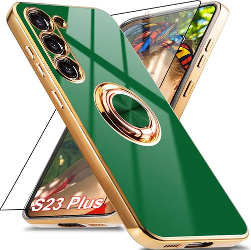 Vista 8 de Funda para Samsung Galaxy S23 Ultra 5G, soporte de anillo de rotación de 360° incorporado, soporte magnético, borde chapado brillante de lujo, Verde