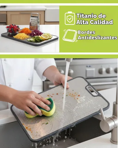 Vista 3 de Tabla de cortar de titanio para cocina: regla de medición integrada, tabla de cortar de metal grande de doble cara, tabla de cortar apta
