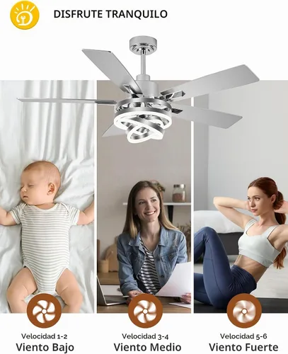 Vista 4 de Modernos ventiladores de techo de 52 pulgadas con luces, color plateado Remote/APP, 3 Adjustable Rings, 2550ML, 3000-6000K, Reversible DC Motor