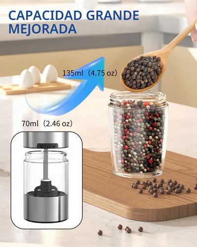 Vista 5 de CIRCLE JOY Gravity - Juego de molinillo eléctrico de sal y pimienta con luz LED, funciona con pilas, grosor ajustable, gran capacidad