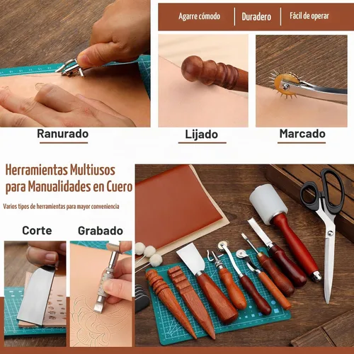 Vista 4 de Kit de herramientas de trabajo de cuero, kit de herramientas de cuero con caja de almacenamiento de doble capa, kit de costura resistente