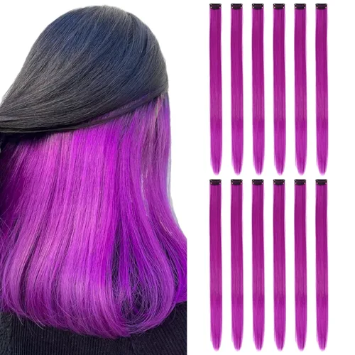 Vista 8 de 13 extensiones de cabello sintético con clip de colores de 20 pulgadas, multicolores, lacio, con clip, para mujer, para regalo, extensiones