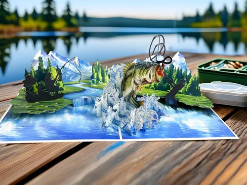 Vista 2 de Tarjeta de felicitación desplegable 3D – Tarjeta de pesca hecha a mano con lubina saltarina y lago escénico – Día del Padre, cumpleaños, jubilación