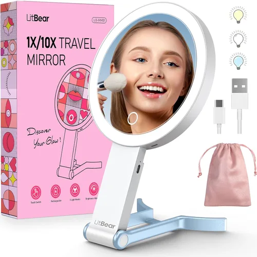 Vista 10 de LitBear Espejo de maquillaje de viaje con luz, espejo de aumento recargable de doble cara 10X/1X, espejo de belleza iluminado portátil, iluminación