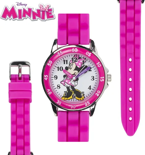 Vista 4 de Reloj Minnie Mouse Time Teacher para niñas - Reloj analógico de aprendizaje de la hora con números fáciles de leer y cómoda banda de silicona Rosa