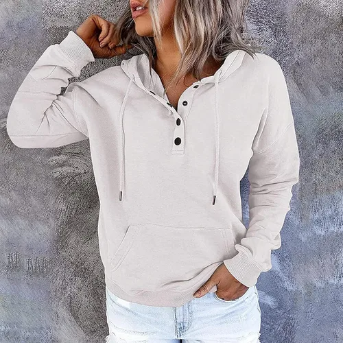 Vista 67 de Sudaderas con capucha para mujer, con cuello de botón, sin botones, con cordón, manga larga, lindas, ropa para adolescentes y niñas