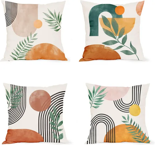 Vista 14 de Juego de 4 fundas de almohada abstractas de color negro y beige de 16 x 16 pulgadas, modernas fundas de cojín a rayas para sala de estar, sofá